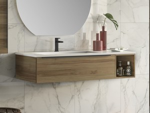 Meuble de salle de bains Trendy 115 cm noyer Belgravia et lavabo Hide vasque gauche blanc brillant